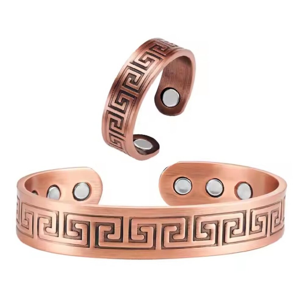 Ring and Bracelet Set Pure Copper Geometric Design Magnetic Energy Cuff Bangle
